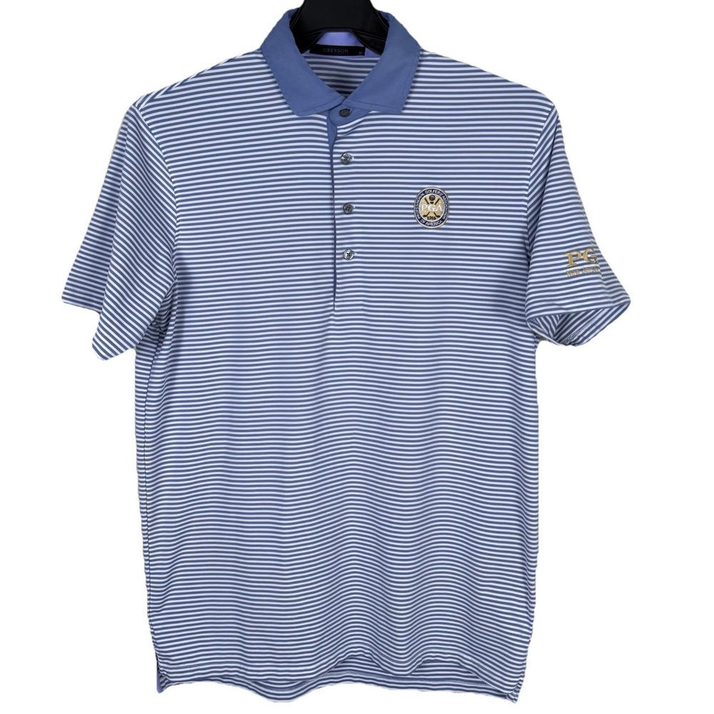 Greyson Polo Shirt Mens‎ Medium White Blue Striped PGA Golf Short Sleeve Stretch